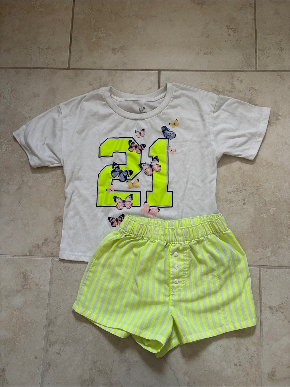 GAP Kids White Tee & Neon Yellow Striped Shorts Pajama Set